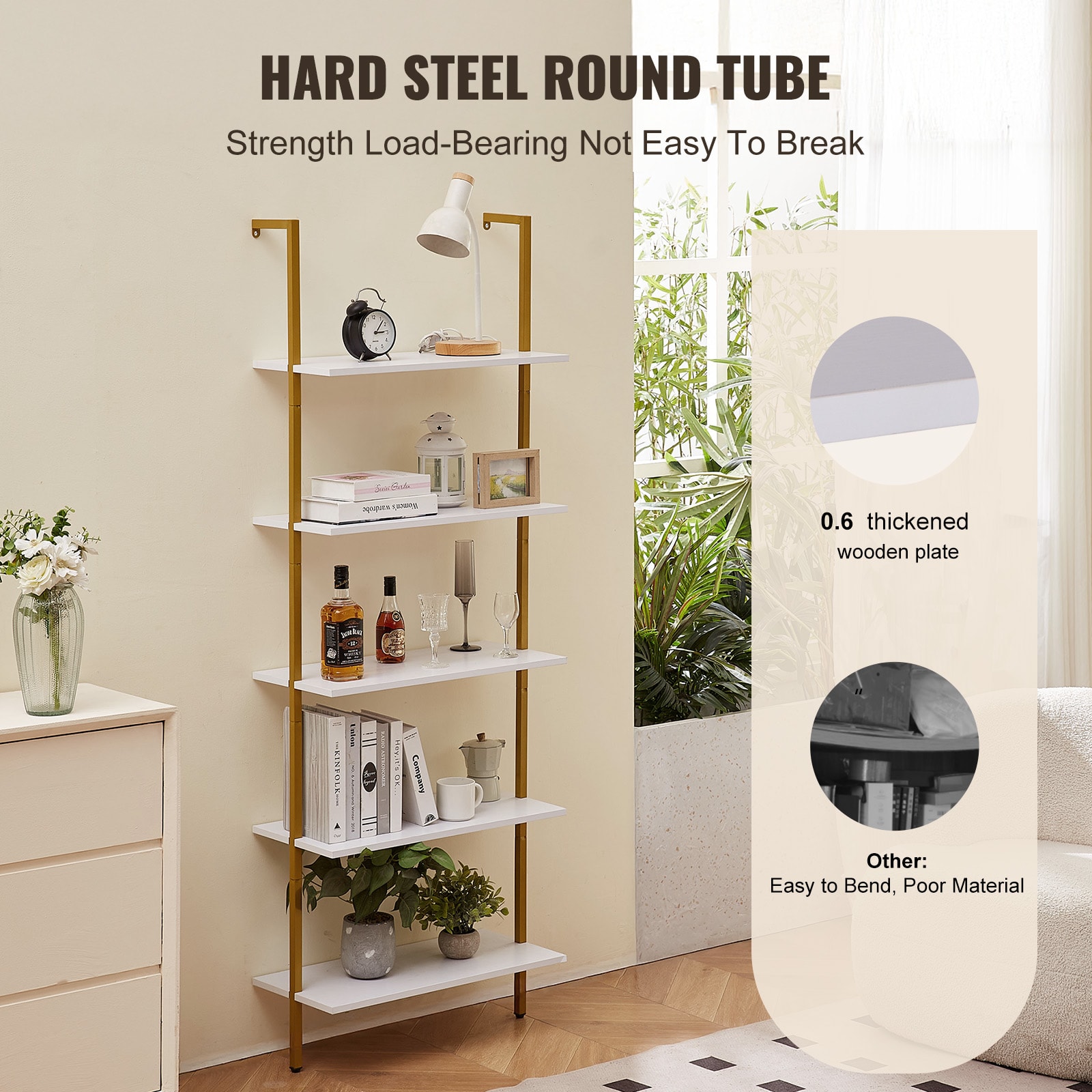 Industrial Square Pipe Shelf 5 Tier 24x11.8in Wall-Mount Gold White_voghion.com